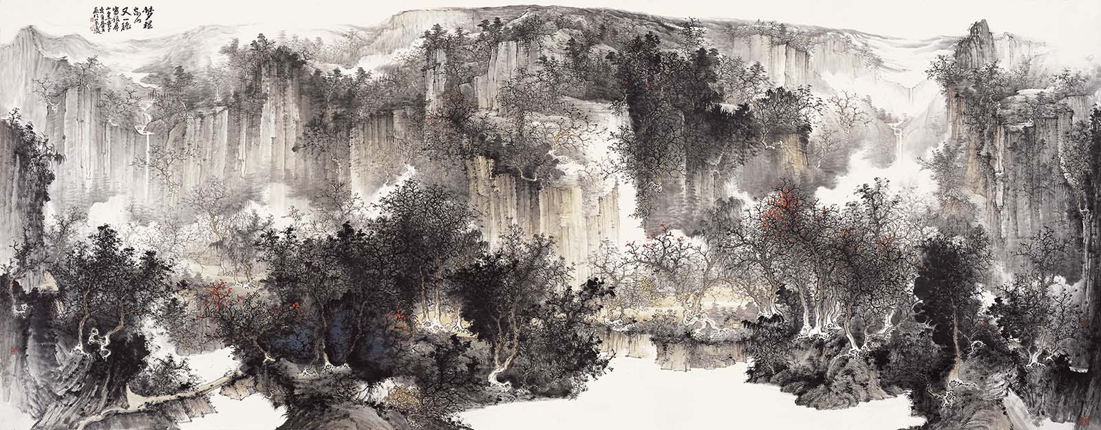 216x144cm 周逢俊的山水画以纯水墨或浅绛山水为主,诗情氤氲,古意盎然。古代画家往往写他的家乡山水,因而形成了他自己独到的风格和技巧。(黄宾虹语)周逢俊曾经游览过祖国各地的名山大川,家乡的山水仍然是他的最爱。他说:我的画多半取自家乡的山水题材。若不描绘自己热爱、感受最深的生我养我的故乡的景色,实在是浪费。清气、野逸是我追求的风格。(《松韵堂访谈录》)他的山水画《梦里家山又一秋》、《家在银屏云水间》、《家山秋之韵》、《秋崖隐读图》、《故乡诗意》、《银屏山雾雨》等大量作品,都是描绘他的故乡的景色。