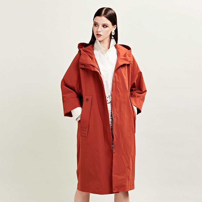 红石尚品 2019年秋冬新款 时尚休闲连帽宽松外套风衣-OMQ1025