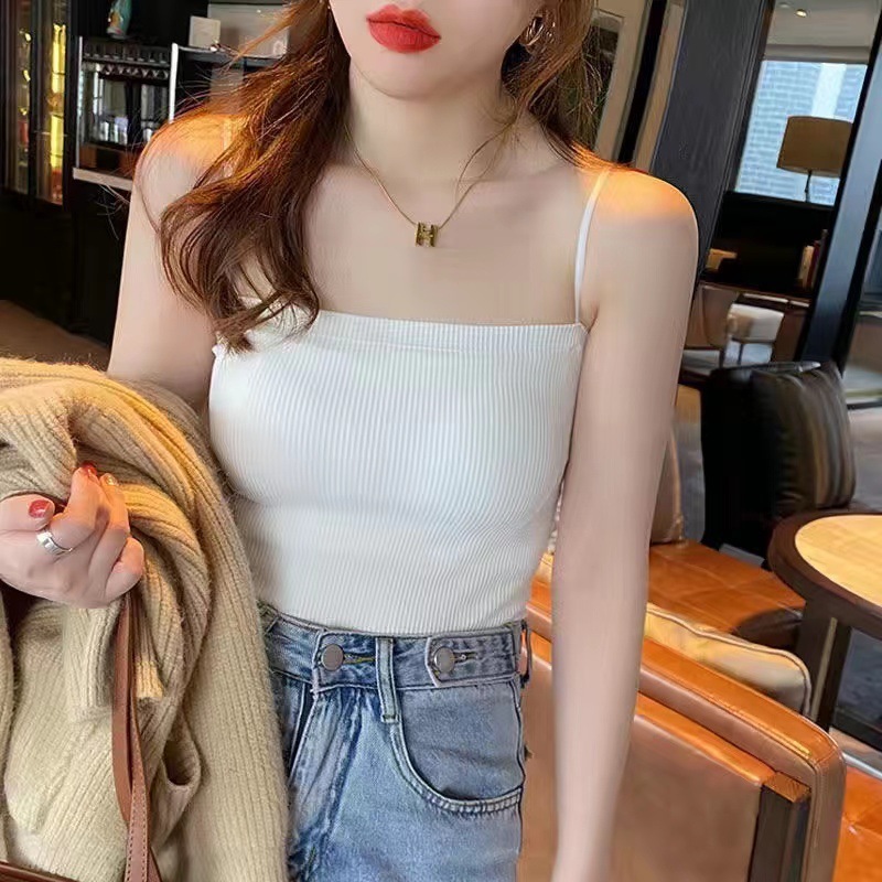 抖音新款少女一体式带胸垫吊带背心女内搭美背螺纹纯色辣妹内衣女